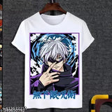 Anime lover men's trendy white polyester t-shirt, printed with Satoru Gojo design, short sleeves, XS size (34in chest, 25in length)