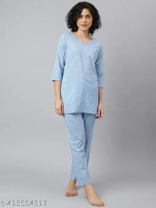 Trendy stylish cotton nightsuit for girls and women, printed pattern with three-quarter sleeves, available in XS to XXL sizes