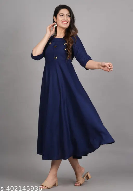 Blue viscose rayon anarkali gown for partywear, three-quarter sleeves, solid design on mannequin