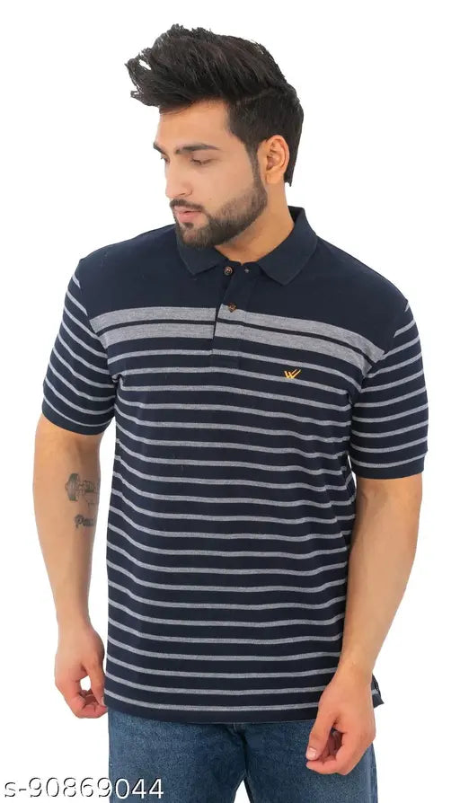 Cotton blend striped polo T-shirt, premium pique fabric, men's size M-XXL, embroidered logo