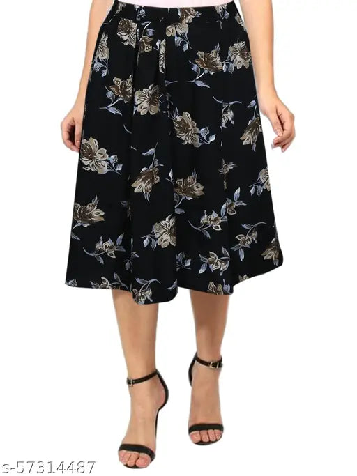 Fancy brown flower-printed polyester skirt on off-black base - women's trendy casual skirt with floral pattern, sizes from 26 to 36 inches