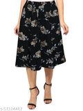 Fancy brown flower-printed polyester skirt on off-black base - women's trendy casual skirt with floral pattern, sizes from 26 to 36 inches
