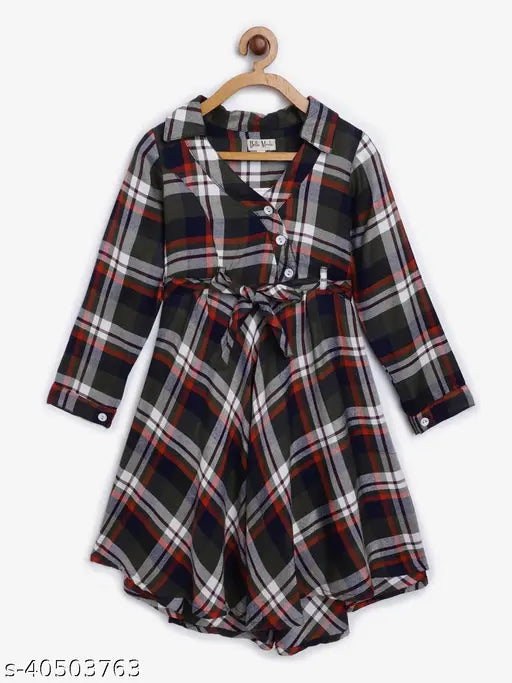 Cotton blend checked shirt dress with belt for girls aged 4-7 years, features long sleeves and comes in red, black, grey, and white
