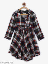 Cotton blend checked shirt dress with belt for girls aged 4-7 years, features long sleeves and comes in red, black, grey, and white