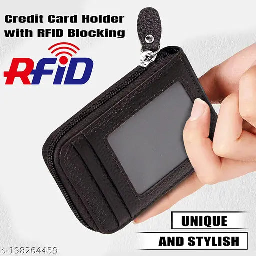 RFID-blocking black genuine leather card & money organizer, sleek textured design with 5 compartments for modern storage solution