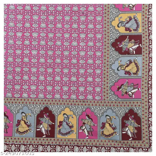 Brown cotton cultural dance design printed king size bedsheet with two pillow covers, ideal for summer, featuring Jaipuri pattern