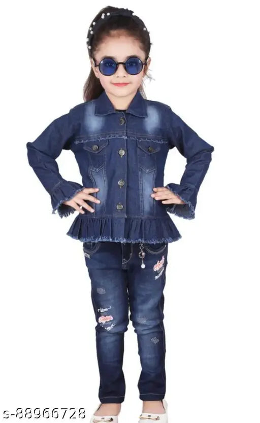 Blue denim full sleeve self-design girls jacket, solid pattern for 10-11 years old (bust size 34in), made in India