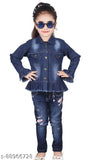 Blue denim full sleeve self-design girls jacket, solid pattern for 10-11 years old (bust size 34in), made in India