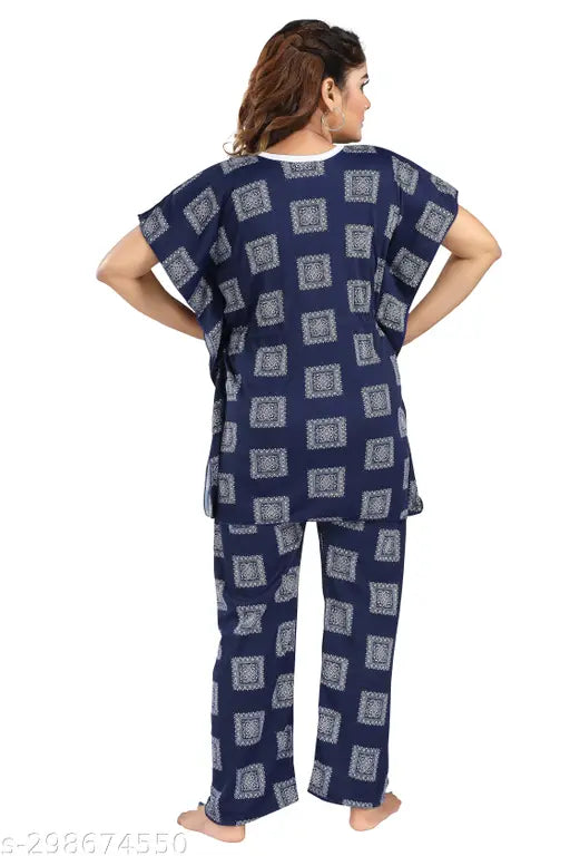 Printed polyester nighty for women, drawstring kaftan-style pyjamas, India-made sleepwear on hanger