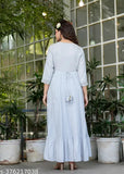 Gray rayon maxi dress with zari woven detailing, three-quarter sleeves, ideal for festive occasions or special events. Made in India