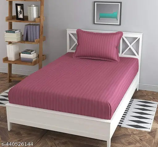 Cotton striped satin sheets, 210TC, Kirat Decor brand, adult-sized (60 x 90 inches), with one pillow cover for hotels, guest houses