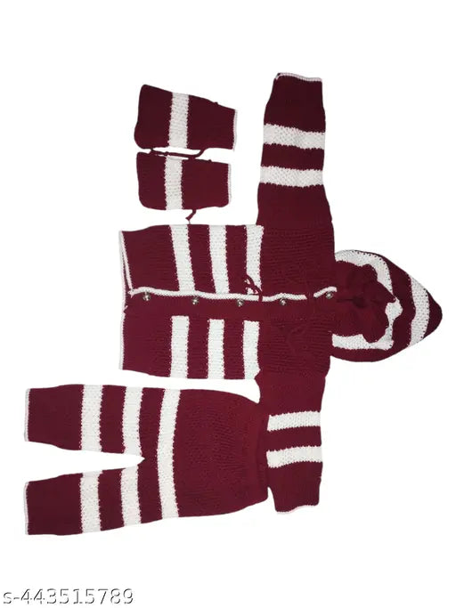 Woolen striped white winter set for newborn babies (0-9 months), including sweater with cap, pajama, and socks. Made in India