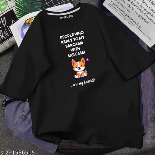 Cotton oversize women's tee with sarcastic dog print, short sleeves