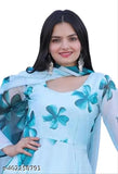 Sky Blue Georgette Floral Print Anarkali Gown - Indian women's formalwear with long sleeves