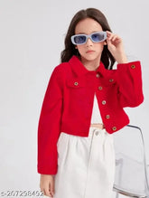 Red denim full sleeve solid kids jacket for girls, trendy flying pattern, 5-6 years size