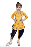 Mustard yellow designer checked Patiala suit for girls by Hariyal Creation, cotton silk fabric with knee length anarkali top and patiala bottom, ideal for kids parties or festive wear. Sizes available: 3-4 Years (19in/22in), 4-5 Years (20in/23in), 5-6 Years (21in/25in), 6-7 Years (23in/27in), 7-8 Years (24in/28in), 8-9 Years (25in/30in). Made in India