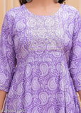 Purple rayon Anarkali with Amreli gwun embroidery, three-quarter sleeves, printed combo. Indian fashion for women's plus sizes XL to 6XL