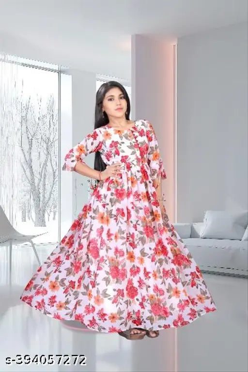 Indian cotton girls' gown, printed A-line with long sleeves, perfect blend of comfort and fashion