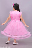 Pink net knee-length frock for girls, sleeveless, embellished design, A-line silhouette, India origin