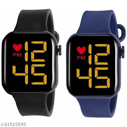 LED square digital watch combo (2 pack) - free size, eye-catchy dials, silicon strap for girls/boys