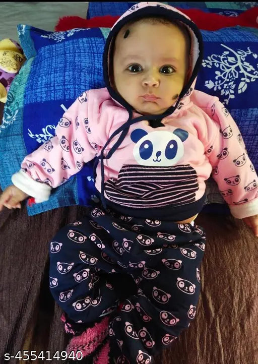 New born wool panda print dress, long sleeves, Indian handcrafted infant clothing