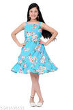 Blue printed flower knee-length kids' dress with belt, perfect for parties and everyday wear. Made from soft crepe fabric, features short sleeves and a round neckline. Available in sizes 8-12 years, ideal for girls who love floral designs. Indian origin