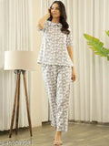 Printed grey viscose rayon nightsuit for women, stylish pyjamas set with short sleeves and various sizes available