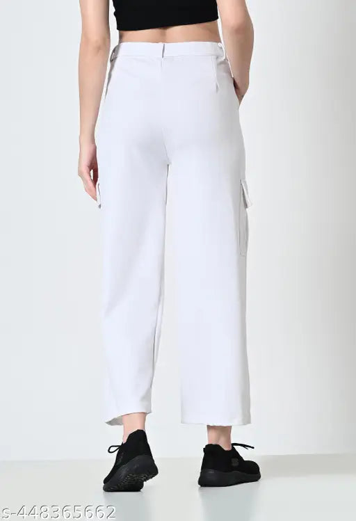 White cotton blend cargo pants for women and girls, stylish 4 pockets design, perfect for everyday wear and various occasions