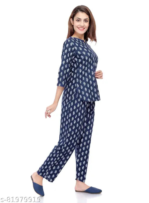 Rayon printed blue pajama nightdress for women/girls with three-quarter sleeves, vibrant rayon fabric