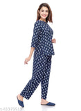 Rayon printed blue pajama nightdress for women/girls with three-quarter sleeves, vibrant rayon fabric