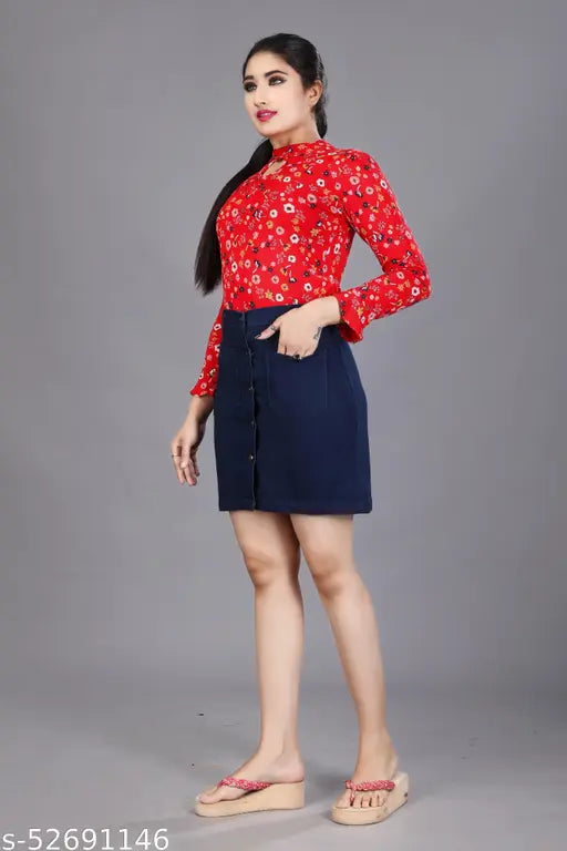 Women's solid dark blue denim skirt, straight cut with a waist size of 28 inches and hip size of 34 inches