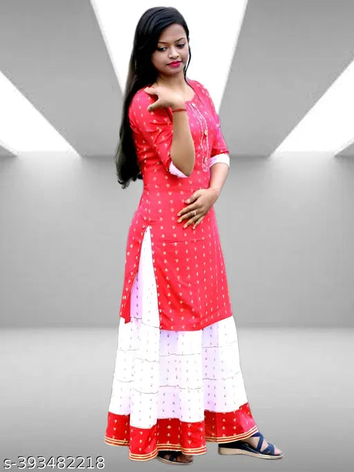 Printed cotton blend A-line skirt with three-quarter sleeves, vibrant multiple colors, trending dresses, girls clothing set, sizes 7-14 years, India origin