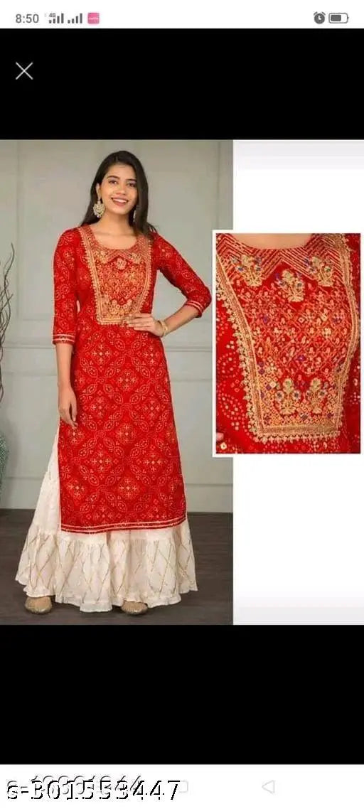 Red rayon kurti sharara with printed combo, three-quarter sleeves, women's fashion