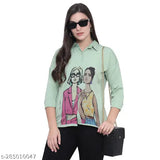 Light green poly crepe casual top with long sleeves and printed pattern, women's fashion, Indian-made