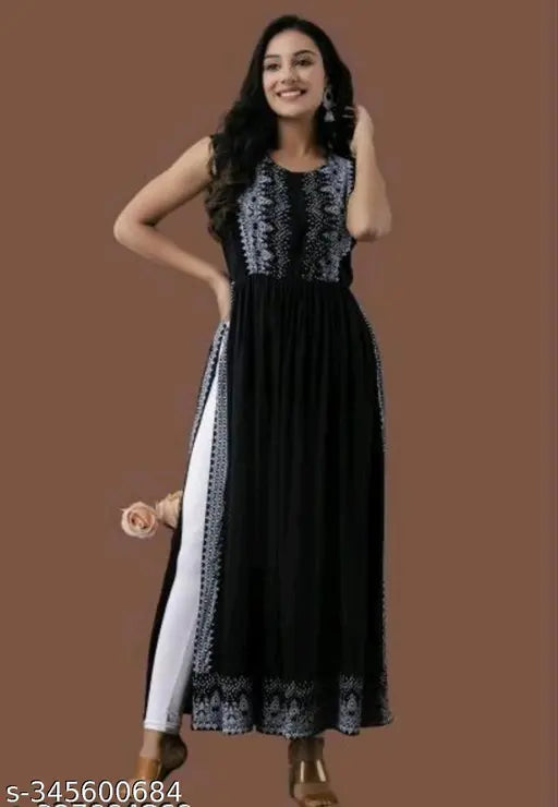 Black Rayon Women's Printed Naira Cut, sleeveless, India origin