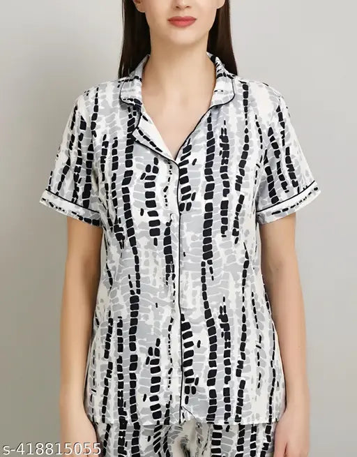 White Gray Black printed cotton nightdress set for women, featuring short sleeves and matching shorts. Comfortable sleepwear for all seasons, made in India with super soft satin fabric