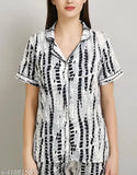 White Gray Black printed cotton nightdress set for women, featuring short sleeves and matching shorts. Comfortable sleepwear for all seasons, made in India with super soft satin fabric
