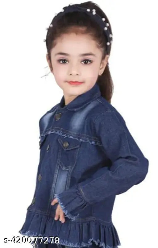 Dark denim Firrl jacket for kids (9-10, 10-11 years), solid pattern, made in India