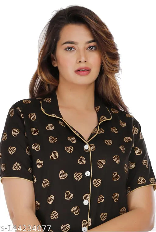 Stylish printed cotton night suit for women & girls, featuring short sleeves and pyjama bottoms in Love Collection sleepwear. Made with finest quality Indian cotton that stays soft and colorful after multiple washes
