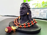 Gold-plated Rudraksha Mala with Trishul Damru pendant, 10cm wooden bead necklace for men, women, boys, girls - Handcrafted Indian spiritual jewelry