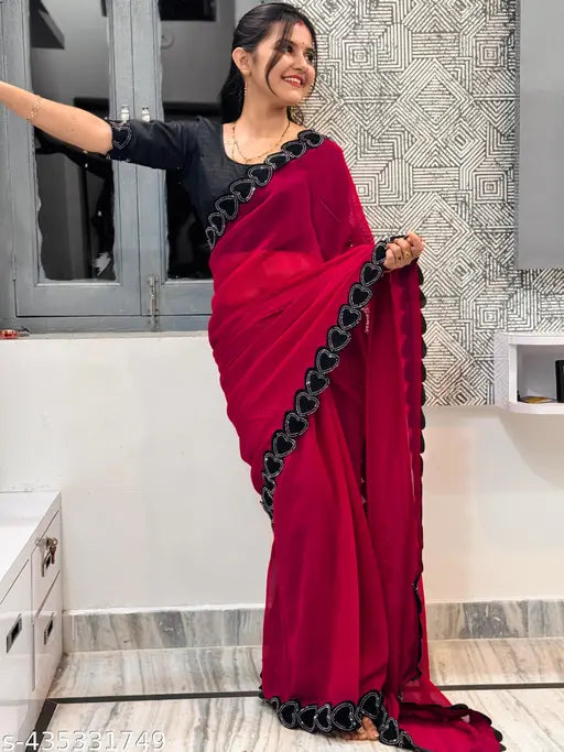 Red Georgette Bollywood Saree with Running Blouse, Indian party wear in solid cherry pattern
