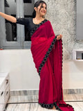 Red Georgette Bollywood Saree with Running Blouse, Indian party wear in solid cherry pattern