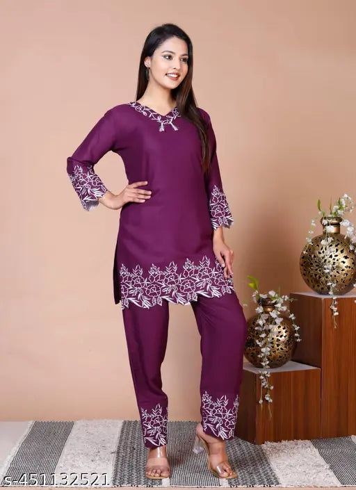 Purple rayon floral yoke design straight kurta with trouser, Indian ethnic wear for ladies with three-quarter sleeves