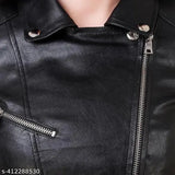 Black faux leather biker jacket for women, long sleeves, solid pattern, XS-XL sizes