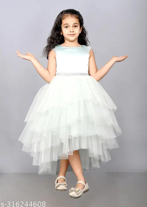 Sea green layered hi-low net dress for girls party, embellished sleeve design, size 1-2 years, Indian origin
