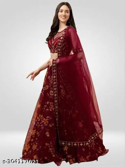 Trendy net Lehenga, embroidered top and floral dupatta on display stand, semi-stitched or free size (40m waist, 42m length), origin India