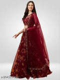 Trendy net Lehenga, embroidered top and floral dupatta on display stand, semi-stitched or free size (40m waist, 42m length), origin India