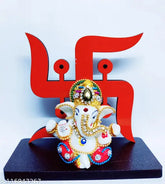 Stone-decorated wooden base Lord Ganesha, modern spiritual home decor (5.5cm x 11cm x 12cm), handcrafted Indian art