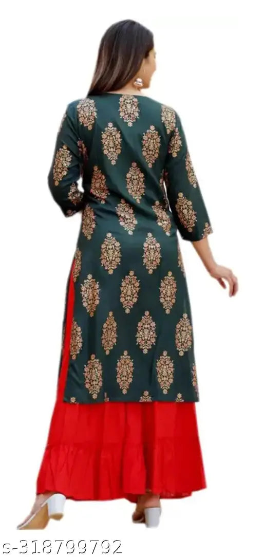 Printed rayon straight kurti with sharara, three-quarter sleeves, vibrant Indian pattern for women and girls