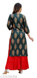 Printed rayon straight kurti with sharara, three-quarter sleeves, vibrant Indian pattern for women and girls
